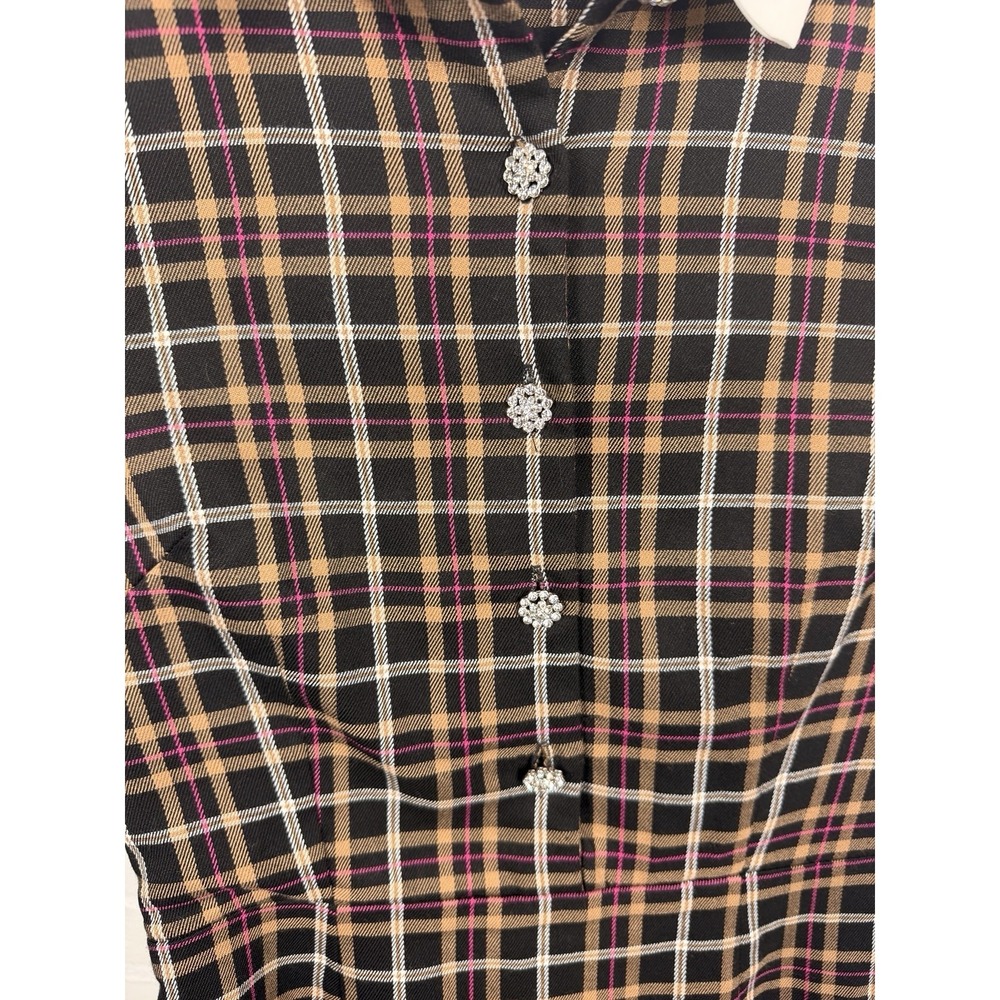 NWT CeCe Plaid Shirt Dress Size 4 Brown Pink Floral Button Collar Midi - Picture 2 of 6